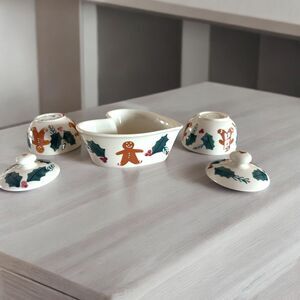 Hartstone Gingerbread Man Heart Shaped Bowl Signed And Two Sugar Bowls